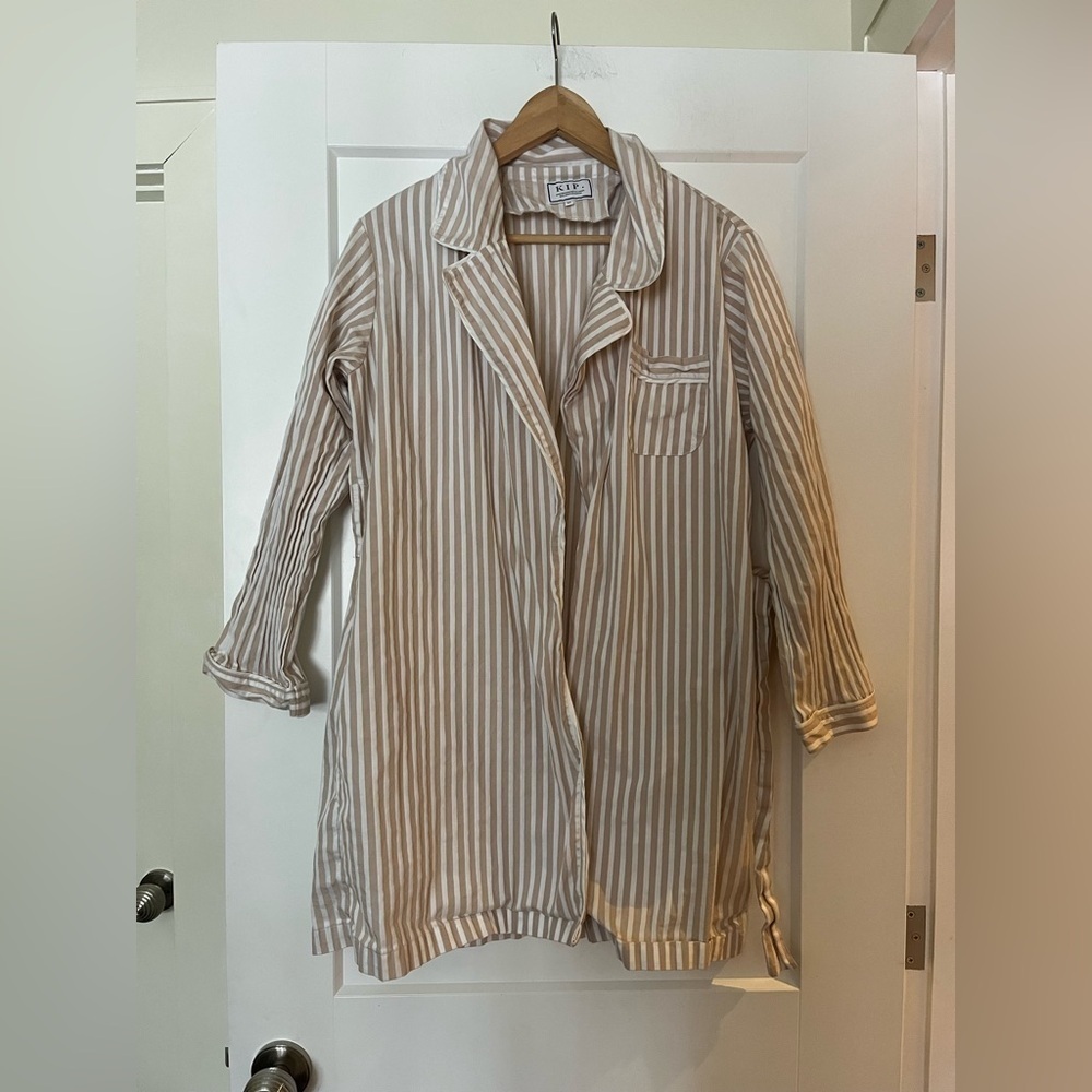 Kip Sleepwear Tan White Striped  Robe 💯 Egyptian Cotton Made In Canada Tobe M